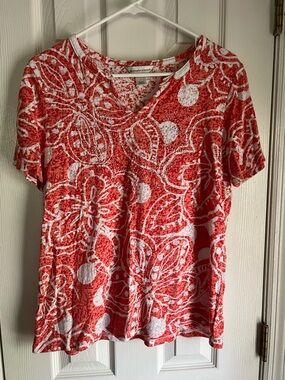Christopher & Banks Orange Floral V-Neck Short Sleeve Top